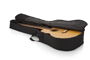 Gator Acoustic Bass Guitar Gig Bag in case with rugged exterior, heavy-duty zipper, foam padding, and exterior pocket for accessories.