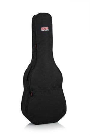 Gator Economy Gig Bag for Dreadnought Guitars with red logo, rugged zippers, and exterior pocket for accessories.