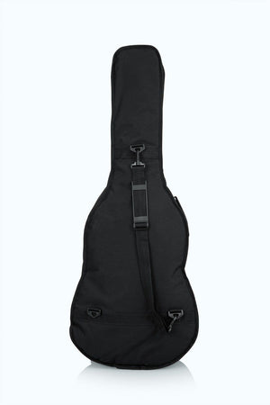 Gator Economy Gig Bag for Dreadnought Guitars with durable nylon exterior, heavy-duty side zipper, foam padding, exterior pocket, and adjustable straps.