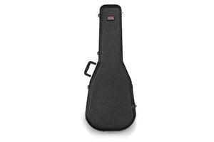 Gator Deluxe Molded Case for Parlor Guitar with reinforced handle and lockable latches, featuring a hard ABS shell and plush-lined interior to protect the instrument.