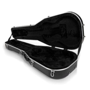 Gator Deluxe Molded Case for Parlor Guitar, showcasing a black case with a guitar inside and a plush-lined interior for protection.