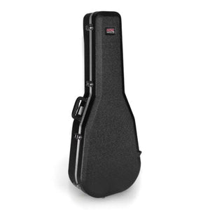 Gator Deluxe Molded Case for Parlor Guitar with a hard ABS plastic shell and plush-lined interior, featuring lockable latches and reinforced handles.