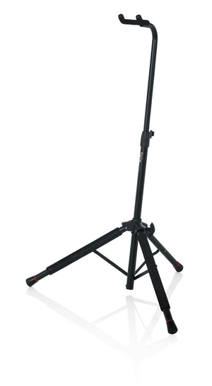 Gator Frameworks Hanging Guitar Stand with adjustable height and durable steel construction, featuring a neck restraint and rubberized padding for guitar protection.