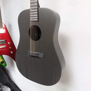 Klos Full Carbon Deluxe Acoustic Electric Guitar, featuring carbon fiber body, steel tuners, and visible guitar strings close-up.