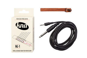 KNA NG-1 Piezo Pick-up for classical and flamenco guitar includes a mahogany encased element and an 8-foot detachable cable, shown with packaging and cable.