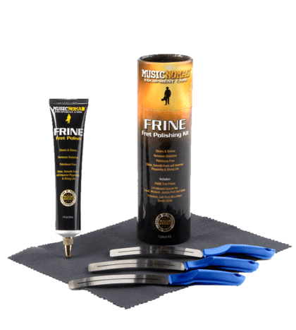 Music Nomad Frine Fret Polishing Kit with tubes of fret polish and fretboard guards for guitar maintenance.