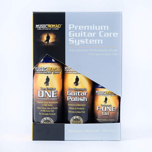 Music Nomad Premium Guitar Care System, featuring a five-piece set with bottles of polish, fretboard oil, and microfiber towels in a display box.