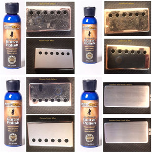 Collage of Music Nomad Premium Pro-Strength Guitar Polish bottles, showcasing different types and labels, each designed to restore and protect guitar surfaces.