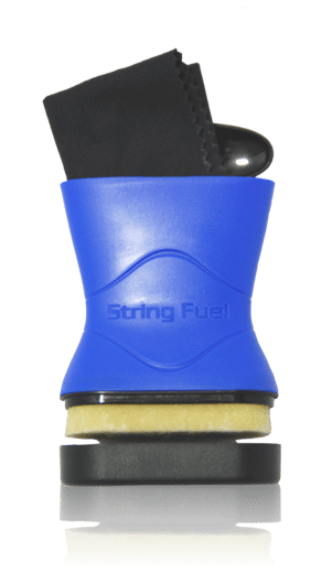 Music Nomad String Fuel All in One Cleaner &amp; Lubricant with Microfiber Cloth, featuring an ergonomic applicator for maintaining and lubricating guitar strings.