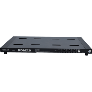 NOMAD-ISO-M rechargeable pedal board with buttons and multiple outputs, offering portable power for guitar pedals. Includes carrying bag, adapter, cables, and accessories.