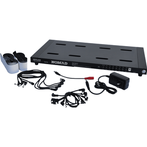 NOMAD-ISO-M rechargeable powered pedal board with integrated battery, 8 DC power cables, and deluxe carrying bag, providing portable power for guitar pedals.