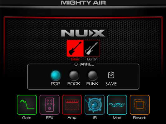 NUX Mighty Air wireless stereo modeling amplifier with Bluetooth and a dedicated app for enhancing guitar/bass tones.