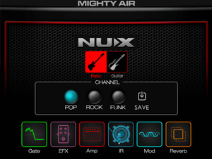 NUX Mighty Air wireless stereo modeling amplifier with Bluetooth and a dedicated app for enhancing guitar/bass tones.