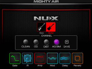 NUX Mighty Air wireless stereo modeling guitar/bass amplifier with Bluetooth connectivity and app control, featuring dual 2-inch custom speakers and TS/AC HD Modelling technology.