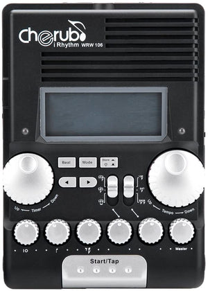 Cherub WRW-106 I Rhythm Drum Trainer with dials, buttons, and a silver disc, featuring multiple rhythms, voice counting, tap tempo, and a timer.