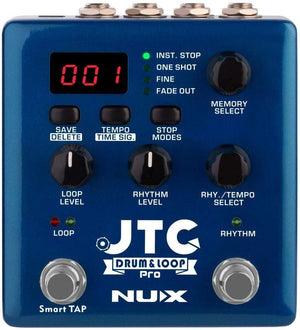 NUX JTC Drum & Loop PRO pedal with knobs, dials, and digital display; offers 24-bit audio, 6 hours recording, 256 memory slots, and drum rhythms.