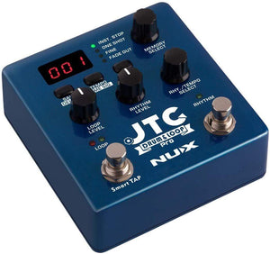 NUX JTC Drum & Loop PRO pedal with dual switches, black knobs, and buttons for recording and looping music sessions.