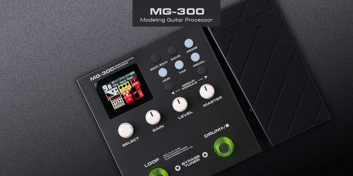 NUX MG-300 Pedal Used, a black electronic device with white buttons and dials for amp modeling and multi-effects.