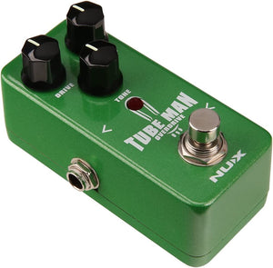 Nux Tube Man OverDrive guitar pedal with black knobs, designed to replicate genuine tube amp overdrive and distortion using FET Transistor System.