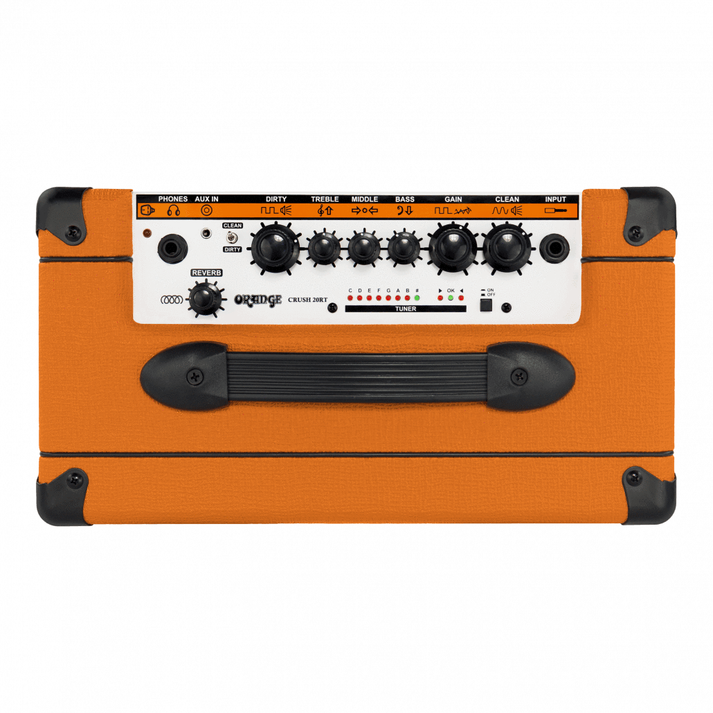 Orange Crush 20RT - 20-watt 1x8 combo amp with onboard reverb, chromatic tuner, and footswitchable channels. Ideal for practice with rich, overdriven sounds.