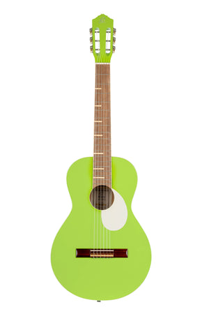 Ortega Gaucho Series Nylon String Parlor Body Guitar with green finish, teardrop pickguard, and brown strings. Includes a color-matching gig bag.