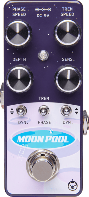 Close-up of the Pigtronix Moon Pool Tremvelope Phaser, showing its dials and controls for phase speed, trem speed, depth, and sensitivity adjustments.