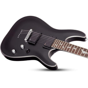 Damien Platinum-6 electric guitar with white and silver knobs, set-neck construction, and EMG pickups for powerful performance.