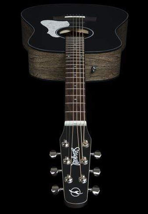 Seagull S6 Classic A/E Black guitar, featuring a solid cedar top and blackwashed sides, with a close-up of the neck and headstock.