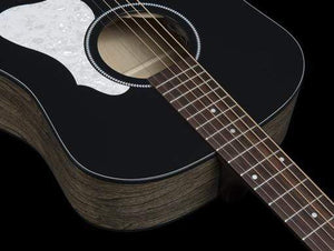 Close-up of the Seagull S6 Classic A/E Black guitar, showcasing its sleek design and detailed craftsmanship.