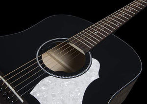 Seagull S6 Classic A/E Black guitar close-up, showcasing strings and neck, highlighting its semi-gloss top and craftsmanship.