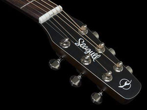 Seagull S6 Classic A/E Black guitar close-up featuring the neck and strings, highlighting its craftsmanship and build quality.