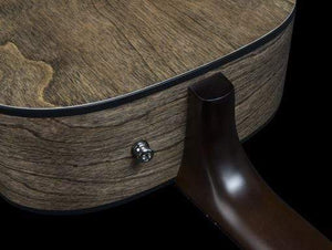 Seagull S6 Classic A/E Black acoustic guitar, close-up of the body and strings, showcasing its solid cedar top and Wild Cherry body.