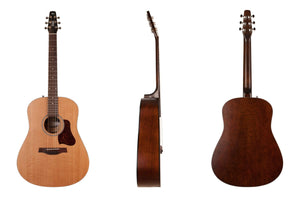 Seagull S6 Original Acoustic Guitar collage showcasing close-ups of its cedar top, C-shaped neck, and high-quality construction.