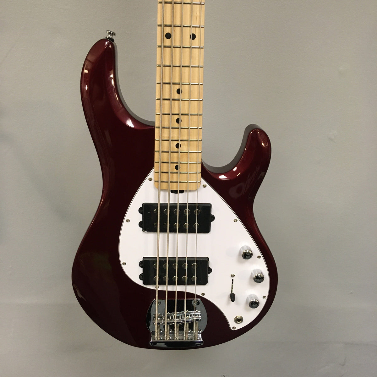 Sterling by Music Man StingRay HH in Candy Apple Red, 5-String Blemish