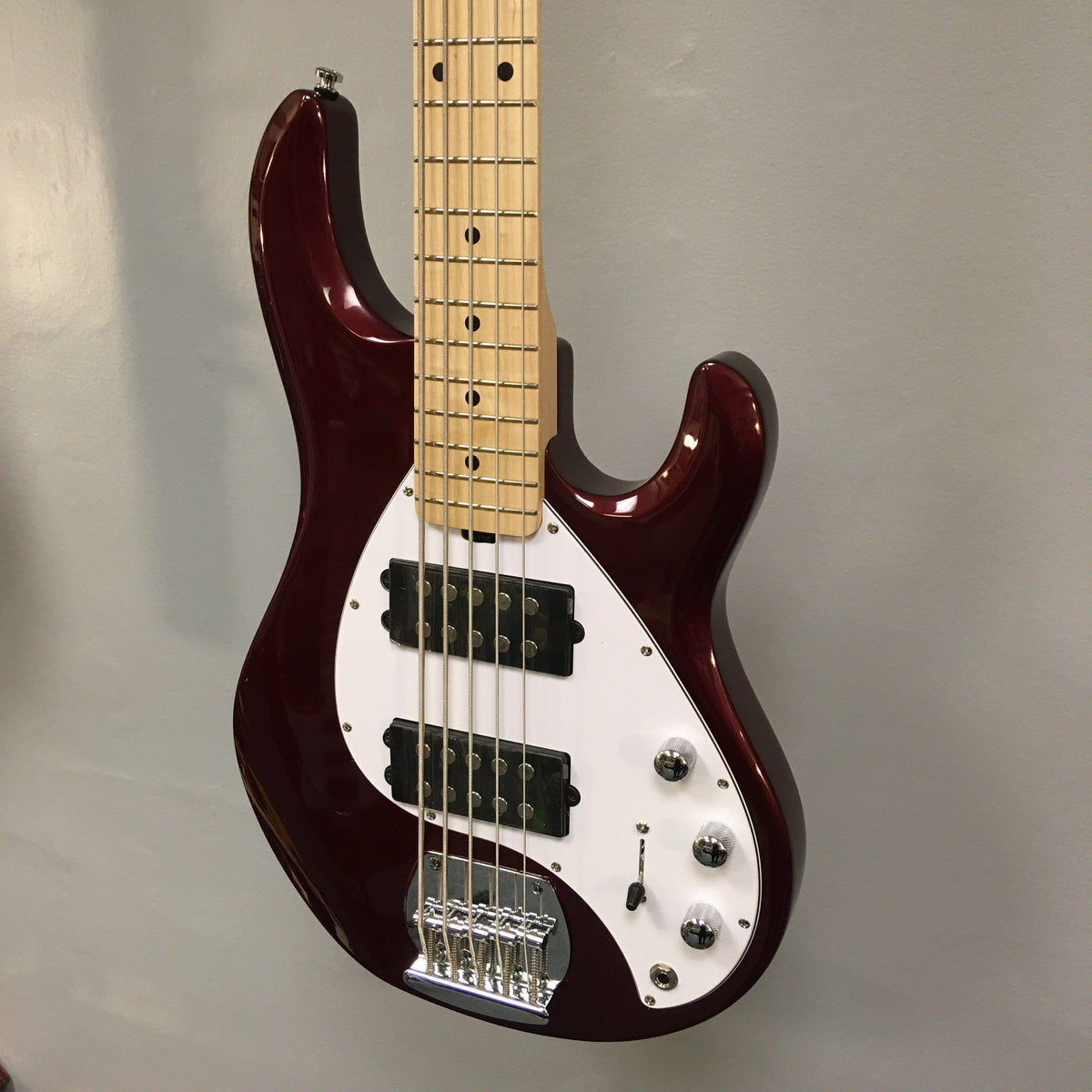 Sterling by Music Man StingRay HH in Candy Apple Red, 5-String Blemish